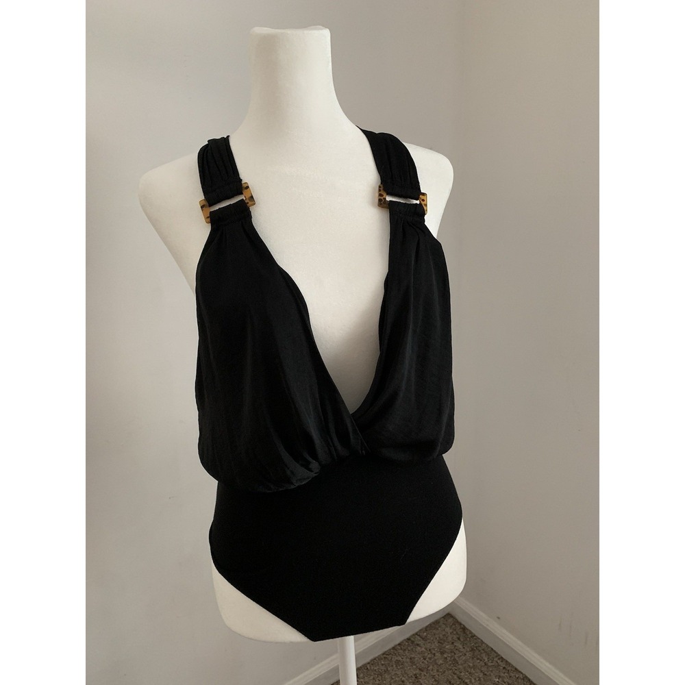 Free People Body Suit Sz XS Black Faux Wrap Tortoise Detail Low Back Resort - Picture 6 of 10